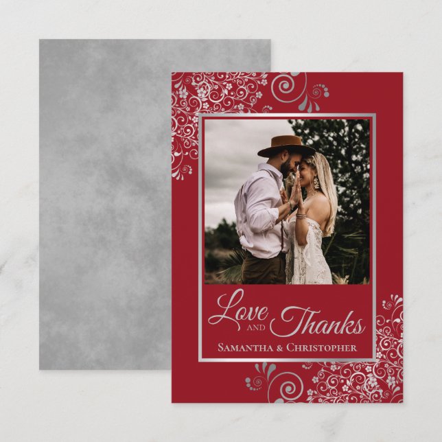 Elegant Silver Snöre om Röda Kärlek och Tack Bröll Kort (Fram/baksida)
