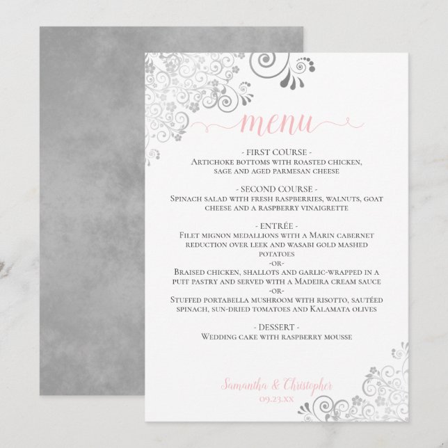 Elegant Silver Snöre Rosa och Grått på vita Bröllo Meny (Fram/baksida)