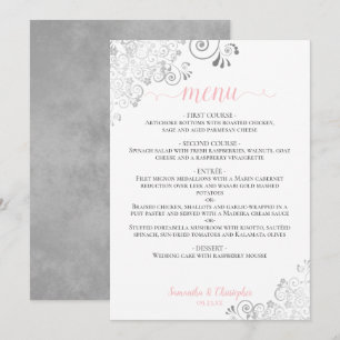 Elegant Silver Snöre Rosa och Grått på vita Bröllo Meny