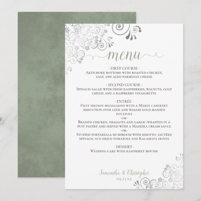 Elegant Silver Snöre Sage Grönt om Vita Bröllop Meny (Fram/baksida)