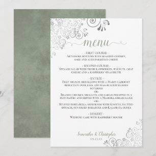 Elegant Silver Snöre Sage Grönt om Vita Bröllop Meny