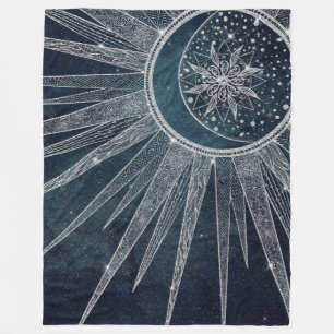Elegant Silver Sol, Måne Doodle Mandala Blue Desi Fleecefilt