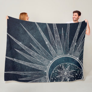 Elegant Silver Sol, Måne Doodle Mandala Blue Desi Fleecefilt