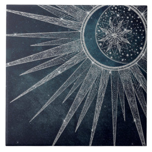Elegant Silver Sol, Måne Doodle Mandala Blue Desi Kakelplatta