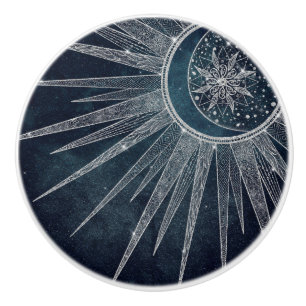 Elegant Silver Sol, Måne Doodle Mandala Blue Desi Knopp