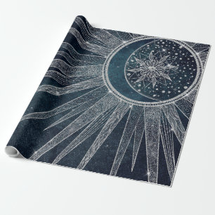 Elegant Silver Sol, Måne Doodle Mandala Blue Desi Presentpapper
