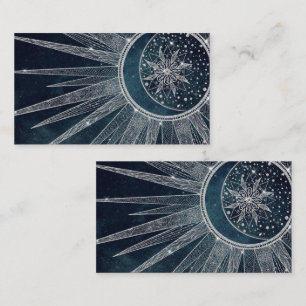Elegant Silver Sol, Måne Doodle Mandala Blue Desi Visitkort