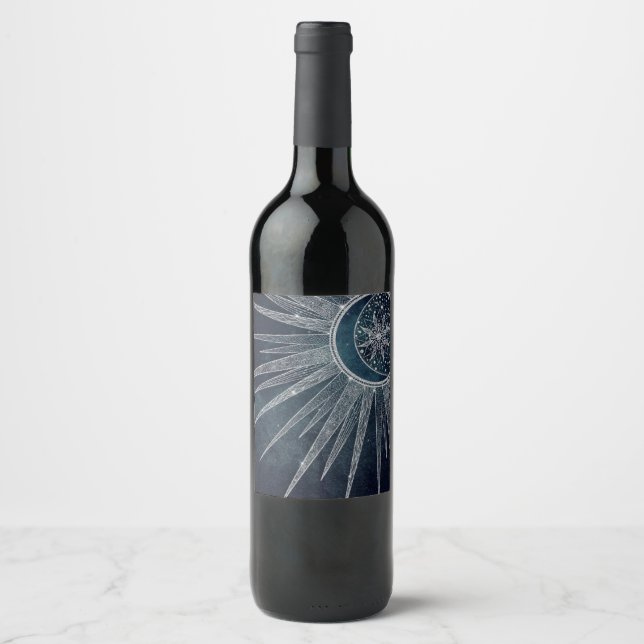 Elegant Silver Sol Måne Klotter Mandala Blå Design Vinflaska Etikett (Framsida)