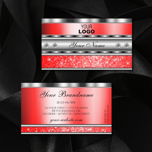 Elegant Silver Sparkling Ruby Red Glitter Add Logo Visitkort (Skapare uppladdad)