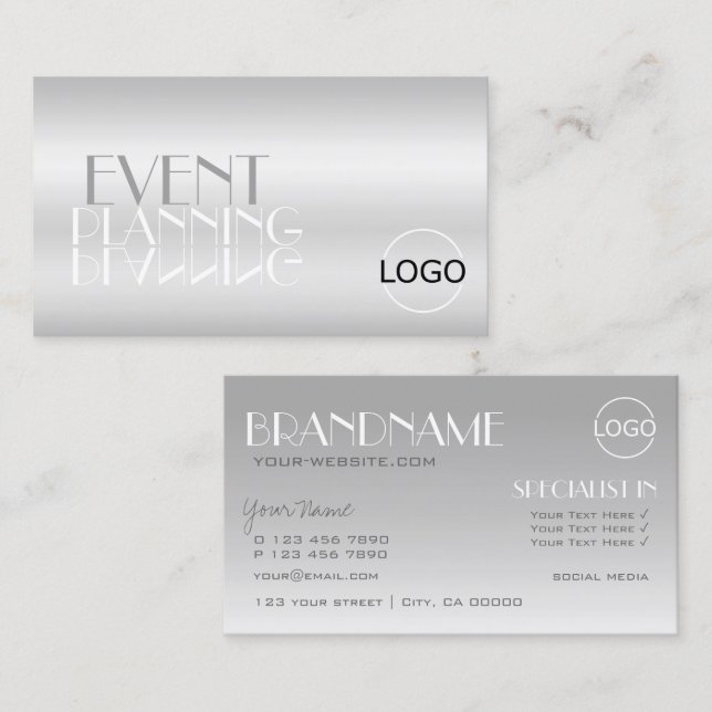 Elegant Silver Spegel Brev med Logotyp Modern Visitkort (Fram/baksida)