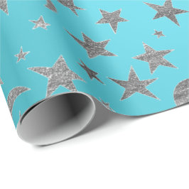 Elegant Silver Stars Måne Turquise Aquamarine Presentpapper