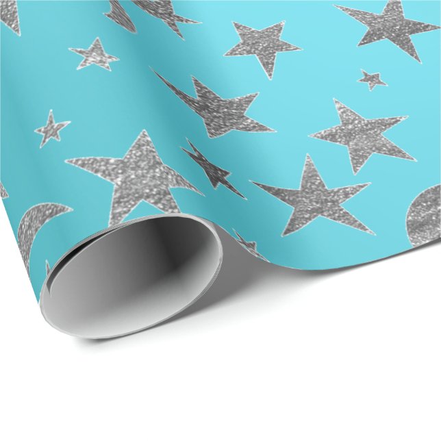Elegant Silver Stars Måne Turquise Aquamarine Presentpapper (Rullad Hörn)