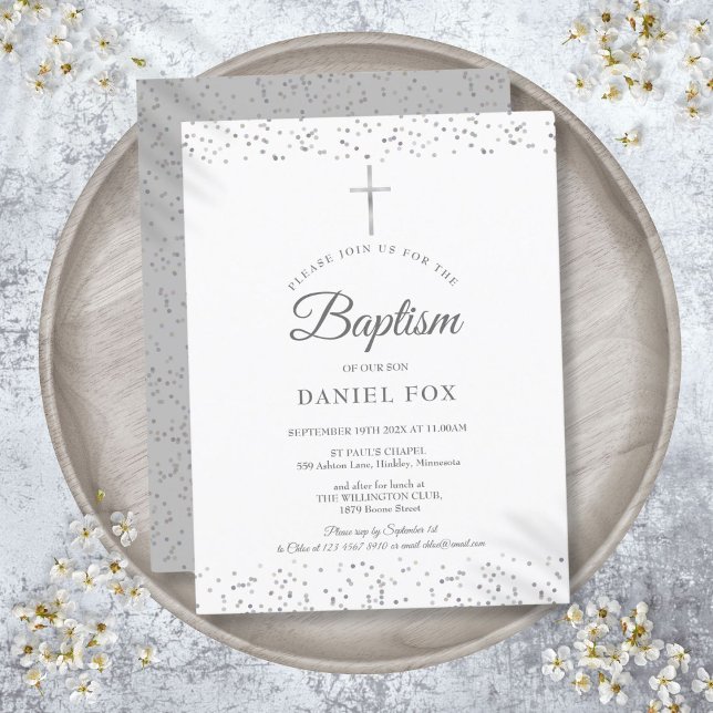 Elegant Silver Stjärnstoft Dop Dopfest Inbjudan Vykort (Elegant Silver Stardust Baptism Christening Invitation Postcard)