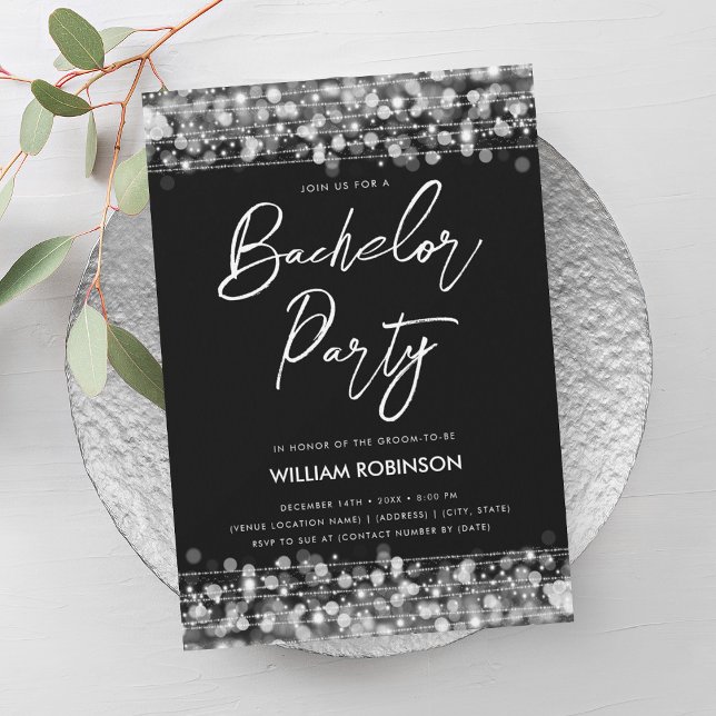 Elegant Silver String Ljus Bachelor Party Inbjudningar (Elegant Silver String Lights Bachelor Party Invitation)