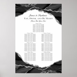 Elegant silver svart agat vigsel sittplatskarta poster