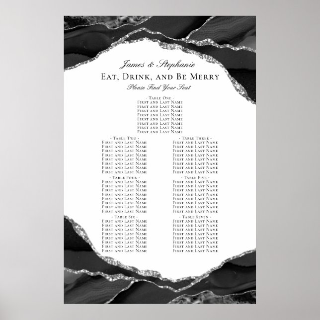 Elegant silver svart agat vigsel sittplatskarta poster (Framsidan)