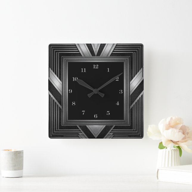 Elegant Silver Svart Art Deco Fyrkantig Klocka (Hem)