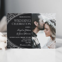 Elegant silver svart bröllopsinbjudan med foto inbjudningar