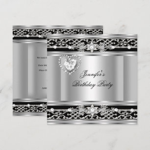 Elegant silver svart diamant födelsedagsfest inbjudningar