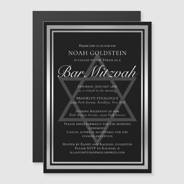 Elegant silver svart formell Bar Mitzvah Magnetisk Inbjudningskort (Fram/baksida)