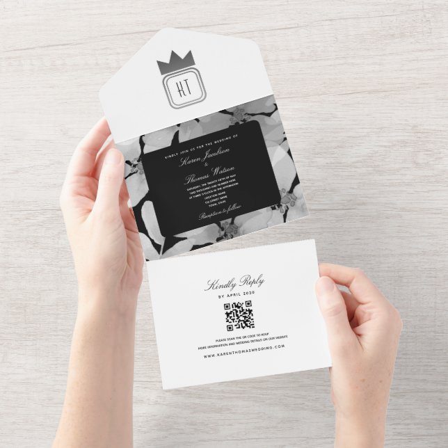 Elegant Silver Svart och Vitt Monogram Bröllop (Tearaway)