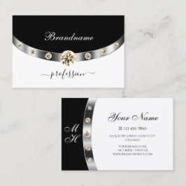 Elegant Silver Svart Vitt Monogram och Diamanter Visitkort
