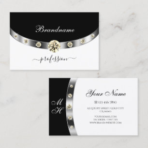 Elegant Silver Svart Vitt Monogram och Diamanter Visitkort