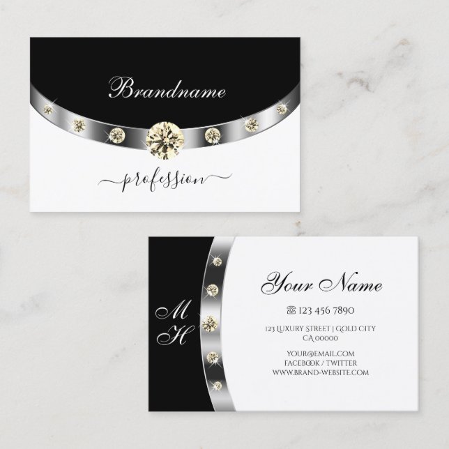 Elegant Silver  Svart Vitt Monogram och Diamanter  Visitkort (Fram/baksida)