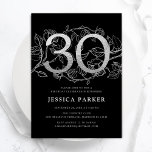 Elegant Silver Svarta 30års födelsedag Inbjudningar<br><div class="desc">Elegant silver svarta 30års födelsedag-partyinbjudan. Anpassadets moderna femininindesign med ro botaniska accenter och faux glitter silver. Enkel perfekt för inbjudan-kort i blommigt för en snyggt kvinnlig dag firande. Anpassa med dina egna detaljer. Skrivna Zazzle-inbjudningar eller digital utskrivbar mall för omedelbar nedladdning.</div>