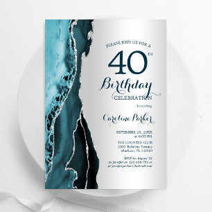Elegant Silver Teal Agate 40:e födelsedagen Inbjudningar