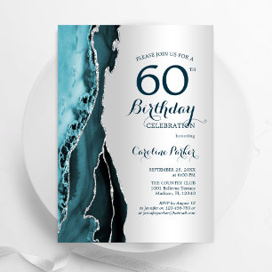 Elegant Silver Teal Agate 60:e födelsedagen Inbjudningar