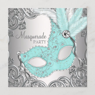Elegant Silver Teal Blå Maskeradfest Inbjudningar