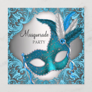 Elegant Silver Teal Blue maskerad Party Inbjudningar