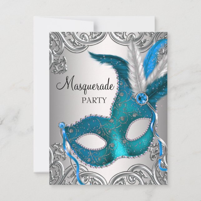 Elegant Silver Teal Blue Masquad Party Inbjudningar (Framsida)