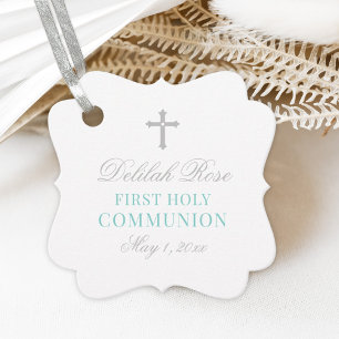 Elegant Silver Teal First Communion for Girl Gåvor Etiketter