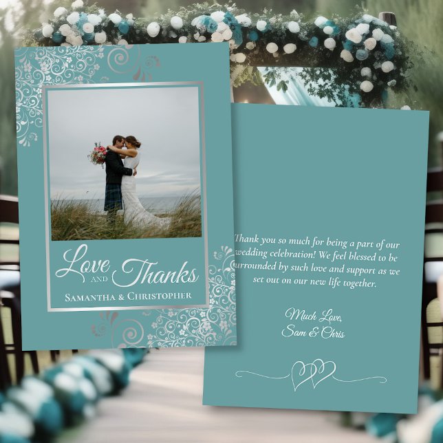 Elegant Silver & Teal Photo & Note Bröllop Tack Kort (Front/Back)