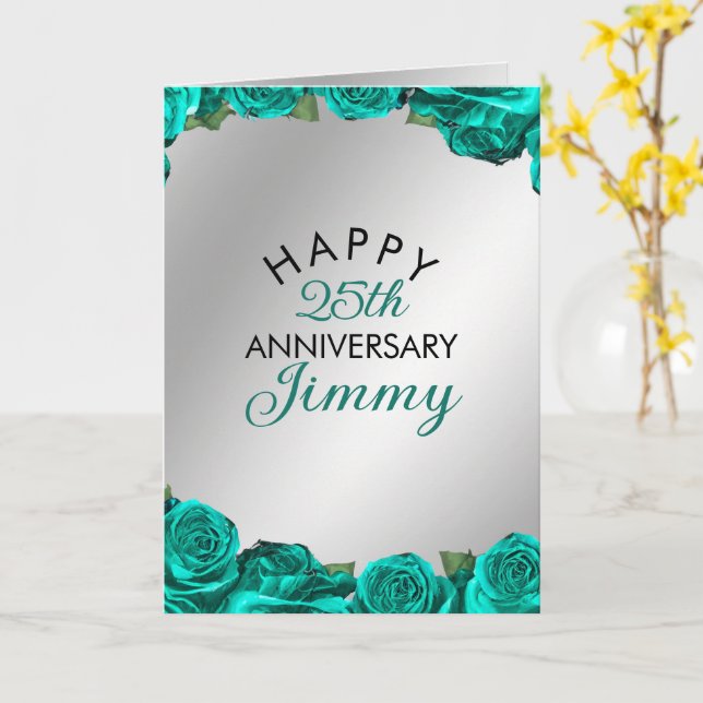 Elegant Silver Teal Ro Make 25-årsjubileum Kort (Gul blomma)