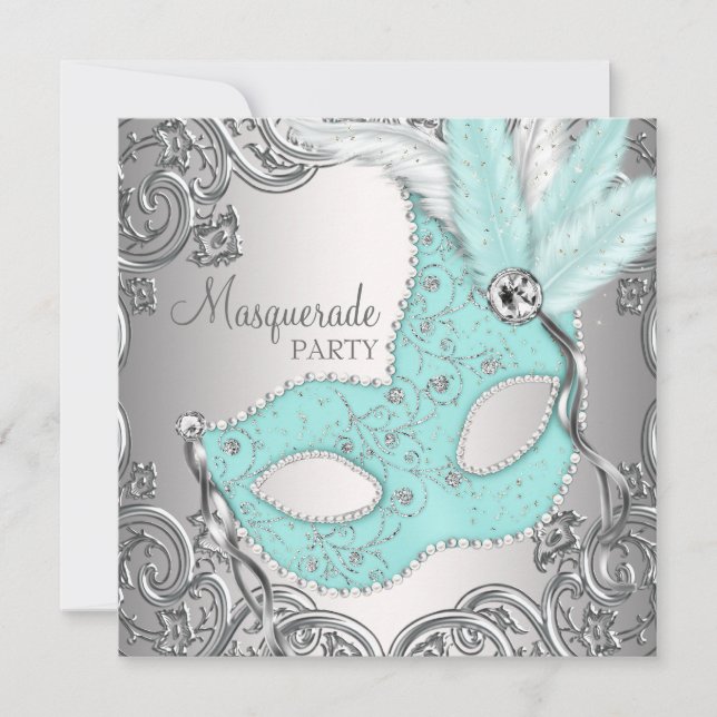 Elegant silver tealblå maskeradfest inbjudningar (Framsida)