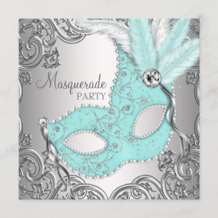 Elegant silver tealblå maskeradfest inbjudningar