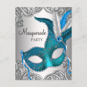 Elegant silver tealblå maskeradfest inbjudningar