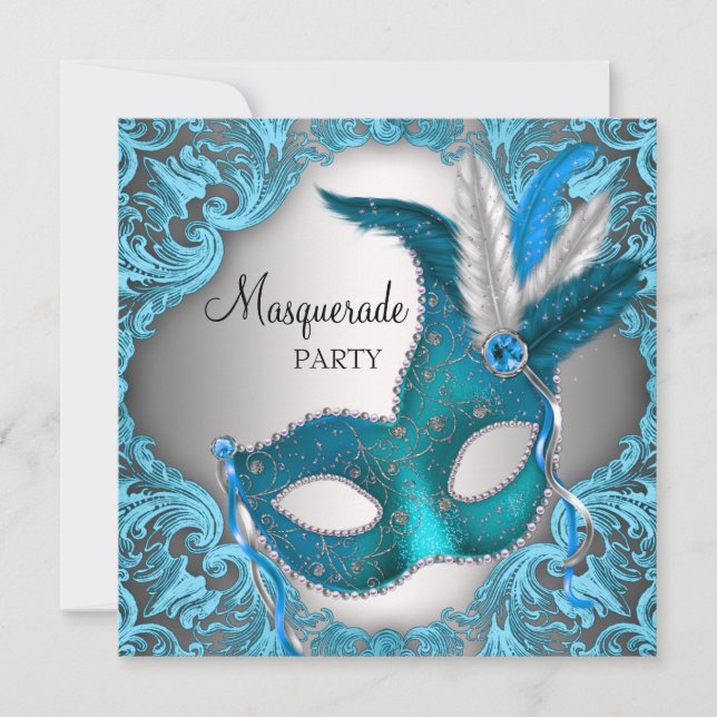 Elegant silver tealblå maskeradfest inbjudningar (Framsida)