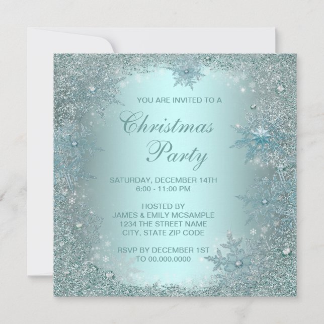 Elegant silver tealblå snöflinga julfest inbjudningar (Framsida)