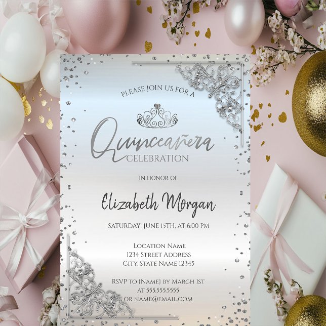 Elegant silver tiara, diamant Quinceañera  Inbjudningar (Skapare uppladdad)