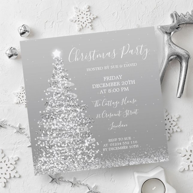 Elegant Silver Träd jul Party vid Glitter Inbjudningar (Elegant Silver Glitter Tree Christmas Party Invitation)
