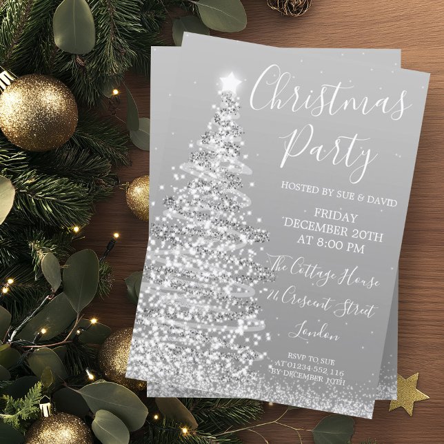 Elegant Silver Träd jul Party vid Glitter  Inbjudningar (Elegant Silver Glitter Tree Christmas Party Invitation)