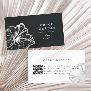 Elegant Silver Tropical Hibiscus Flower QR-kod Visitkort