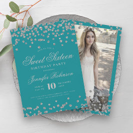 Elegant Silver Turkos Confetti Fotosötat 16 Inbjudningar
