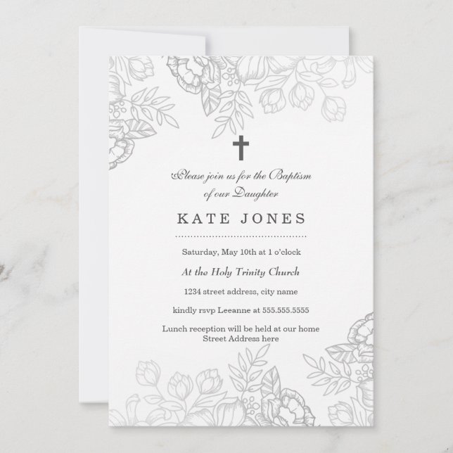 Elegant Silver Vintage Blommigt Baptism Inbjudan (Framsida)