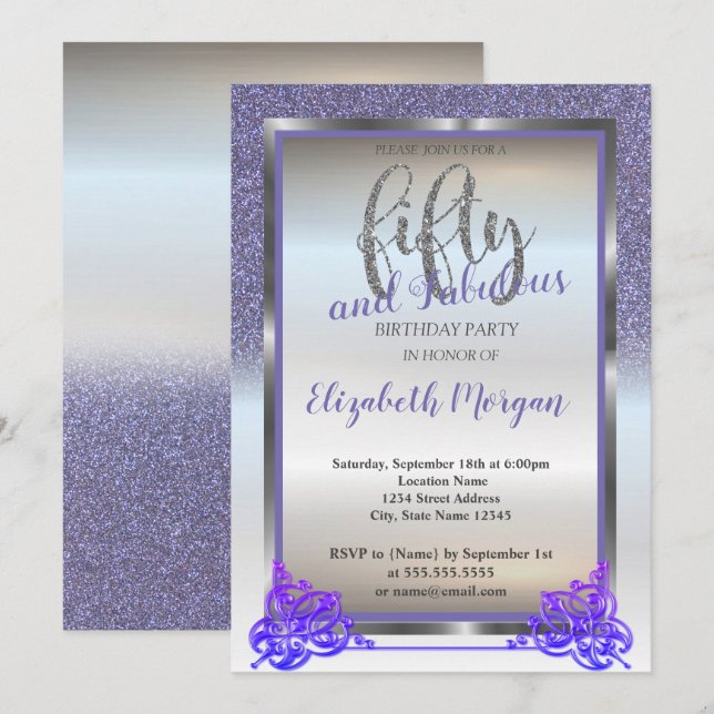Elegant silver, violett glitter 50-års födelsedags inbjudningar (Fram/baksida)