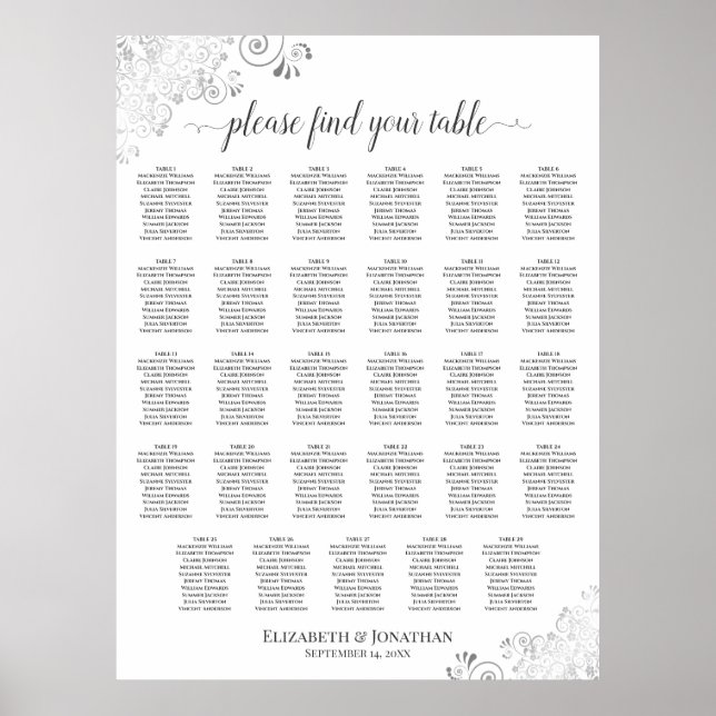 Elegant silver & vit 29 bords bröllopsplatskarta poster (Framsidan)